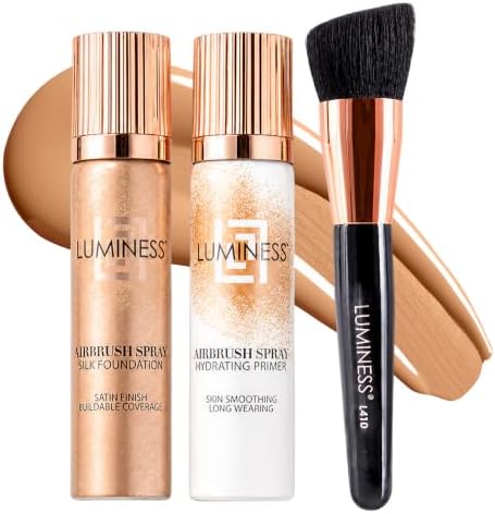 LUMINESS Airbrush Spray Silk Foundation Starter Kit - Light Warm - Foundation, Primer & Single-Sided Angled Buffing Brush - Medium, Buildable Coverage, Anti-Aging Formula Hydrates & Moisturizes