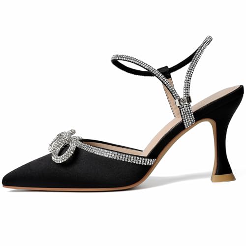 Image of Susanny Women's Closed Toe Rhinstone Wedding Low Heel Slingback Clear Kitten Heels,Adjustable Strap Pointed Toe Bow Pumps High Heeled Prom Dress Shoes