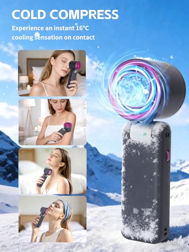 Image of Portable Handheld Fan with Ice Cooler, 199 Speed Personal Fan,Foldable 3 in 1 Rechargeable Battery Operated Essentials Hand Fans Summer Essential for Travel /Outdoor /Office（Grey Purple）