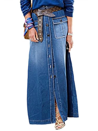 Flamingals A-Line High Rise Vintage Flap Pocket Button Down Maxi Denim Skirt Without Belt