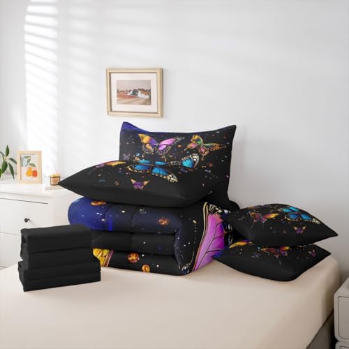 Image of Colorful Butterflies 7 Pieces Bedding Set King Size,Dreamy Starry Sky Bed in a Bag,Outer Space Galaxy Bed Set Includes Comforter,Sheet Set,Pillowcases & Pillow Covers,Garden Wildlife Bedroom Decor