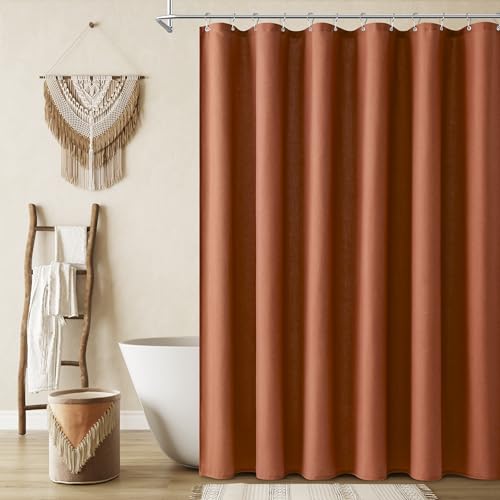 Naturoom Terracotta Boho Linen Shower Curtain Country Farmhouse Bath Decor Shower Curtains Neutral Cloth Weighted Textured Fabric Bath Curtain Liner with Hooks 72x72