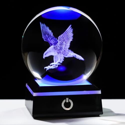 Image of Arikyrist 3D Eagle Figurine Crystal Ball with Colorful Light Base, Eagle Gifts for Women Men, Modern Home Office Decor