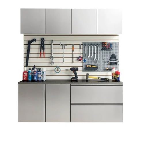 Benjara Osy 5pc Wall Mounted Garage Utility Cabinets, Drawers and Doors, Gray and Chrome