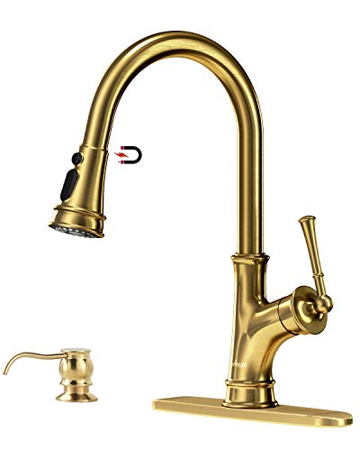 Gold Kitchen Faucet with Pull Down Magnetic Docking Sprayer, Brushed Gold Single Handle