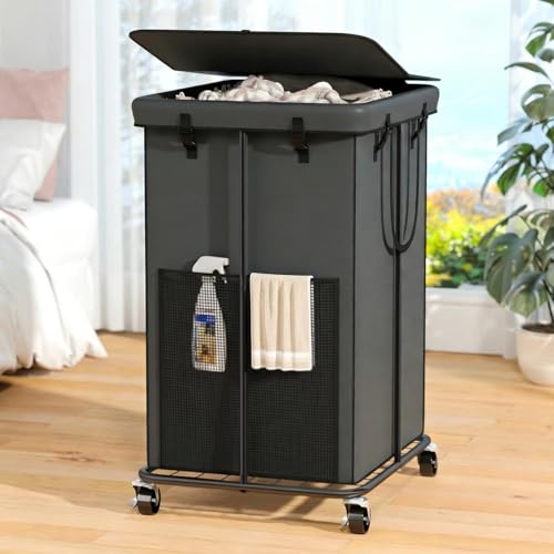 Image of 160L Laundry Hamper with Lid, Rolling Laundry Basket with Wheels, Large & Tall Dirty Clothes Hamper with Metal Frame and Removable Bag for Bedroom Aesthetic, Laundry Room, Bathroom, Dorm-Dark Gray