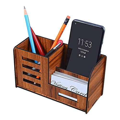 Image of Deskart Stylish Pen Stand with Business Visiting Card & Mobile Holder | Multipurpose Wooden Desk Organizer for Office Desk and Study Table