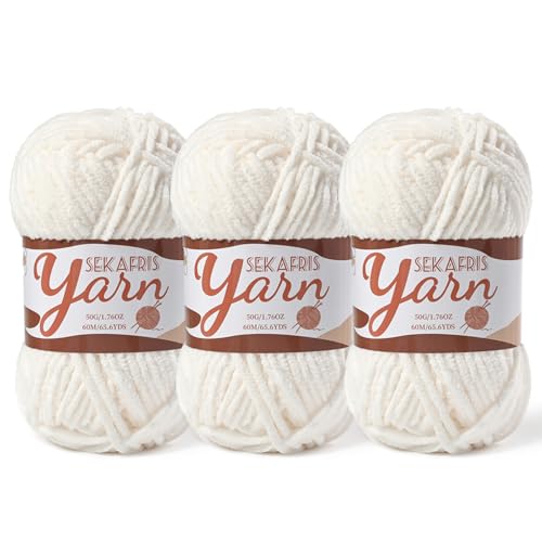 Image of 3 Pack Fluffy Velvet Yarn for Crocheting,Baby Blanket Yarn for Crocheting Soft,150g(196.8yds) Amigurumi Yarns,Plush Chenille Crochet Yarns,Puzzle Yarn for Crochet Weaving Craft(3 White)