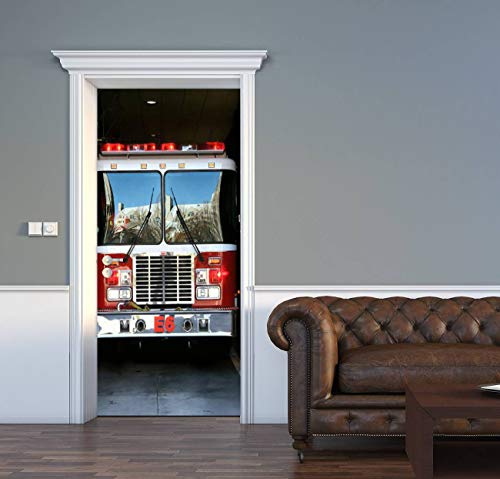 3D Door Decal Fire Truck Reflection 2 Door Stickers Removable Adhesive Pvc Door Wall Mural Door Wallpaper Door Art For Home Decor 30.3" W X 78.7" H #TOP8
