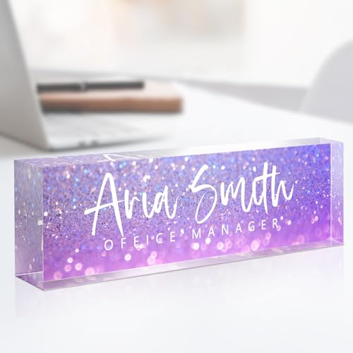 DOCRAGI Name Plate for Desk, Desk Name Plate Personalized, Custom Office Desk Accessories Decor for Women, Teacher Nurse Employee Appreciation Gifts, Office Gifts for Boss Coworkers (Purple Glitter)