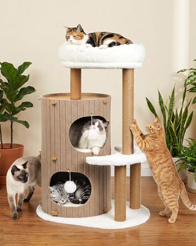 Di lusso Tiragraffi per gatti – Albero di gatto con casetta per gatti, tavola in sisal, letto rimovibile e palla da gioco |Albero da arrampicata (Beige, Tiragraffi per Gatti)