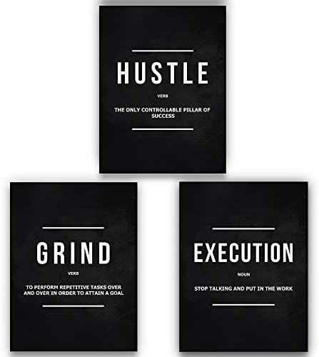 3 Pieces Grind Verb Hustle Verb Execution Noun Motivational Wall Art Canvas Print, Office Decor, Inspiring Framed Prints, Inspirational Quotes for Wall Art Decoration (3x - 24" x 18")