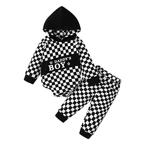 Image of Viworld Baby Boy Clothes Long Sleeve Romper Daddy's Boy Hoodies Top Checkerboard Pattern Pants Set Fall Winter Outfits