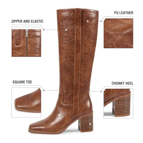 ISNOM Womens Knee High Boots with Chunky Heel Square Toe Block Tall Long Riding Boots with Zipper Casual Dress Retro Style3