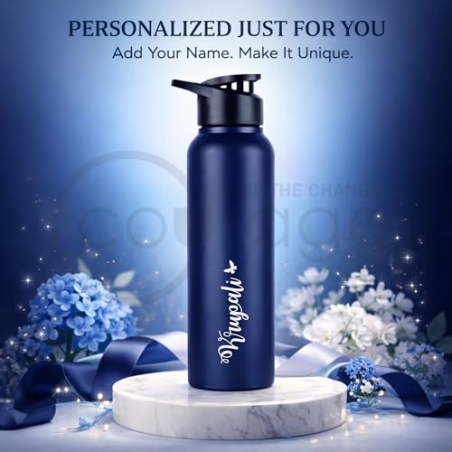 Image of COURAGE Stainless Steel Customize Sipper Water Bottle 1Liter Leak Proof for Fridge Home Office Travel School Kids Boys Girls Adults Sports Gym Yoga - Navy Blue