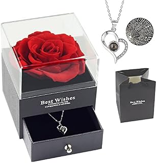 Preserved Rose with I Love You Necklace Gift Box - Enchanted Real Rose Petals Romantic Gifts for Her Girlfriend Wife Mum on Valentine's Day Mother's Day Anniversary Birthday Christmas
