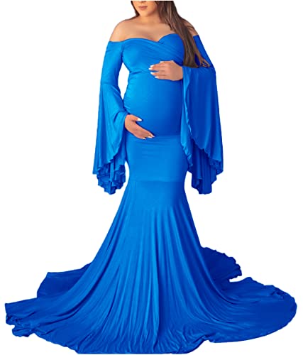 ZIUMUDY Photography Dress Off Shoulder Flared Sleeve Fitted Gown for Photo Shoot Baby Shower Big Mermaid Train