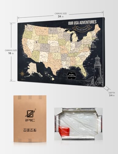 Image of IPIC Canvas USA Map Painting for Wall Decor, Pinnable Amerika Travel Map Print, Ready to Hang