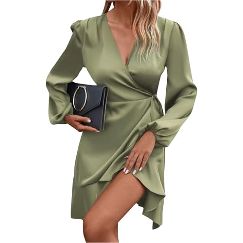 Women's Summer Sexy Elegant Trendy Long Sleeve V-Neck Solid Color Prom Party Cocktail Midi Dresses, S-2XL