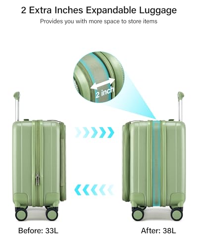 Image of Hanke 45cm Expandable Mini Cabin Trolley Bags, Hard Shell Polycarbonate Top Opening Suitcase, 8 Silent Spinner Wheels, Lightweight Carry On Luggage for Daily Commute & Short Travel,Bamboo Green