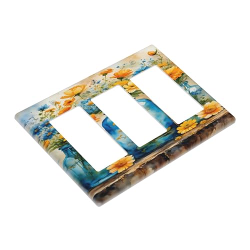 Decorative Outlet Covers Rustic Yellow Flowers Floral Blue Bottles 3 Gang Wall Plate Triple Rocker Light Switch Cover Plate Jumbo Electrical GFCI Faceplate for Country Bedroom Home Decor