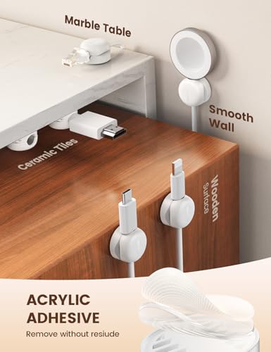 لاميكال مشابك الكابلات، حامل منظم الأسلاك الزنبركي - عبوة من 6 قطع أحدث مشابك إدارة كابلات المكتب المدمجة، حامل سلك شحن الهاتف لطاولة السرير، منظم الأسلاك اللاصق بفتحة 8 مم (أبيض)