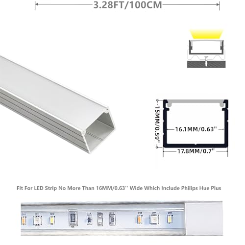 Image of THMOOTHER 10-Pack 3.28FT LED Strip Channel Diffuser Fitted for Hue Plus ,Plus-Size Surface Mounted Tape Light Aluminum Spotless U Track Housing ,0.6'' Deep with Milky Cover .