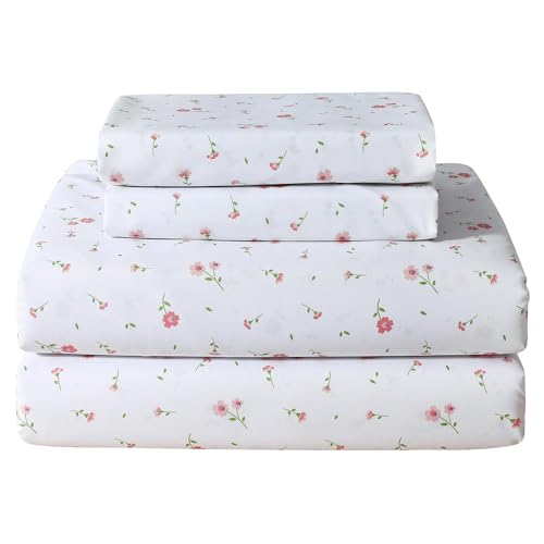 Softan Pink Floral Twin Size Sheet Set, 3 Pieces Single Bed Sheets for Girls, Cozy Microfiber Fitted Sheet with 15