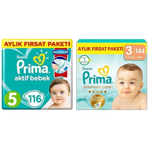 Prima Aktif Bebek, Bebek Bezi 5 Numara, 116 Adet Aylık Fırsat Paketi ve Prima Premium Care Bebek Bezi 3 Numara 144 Adet Aylık Fırsat Paketi