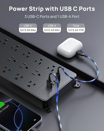 Image of TROND Surge Protector Power Strip 15ft Cord, 4000J, 4 USB, ETL Listed,Black
