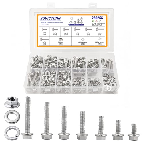 Image of 260Pcs 304 Stainless Steel M6 Flange Hex Head Bolts Assortment Kit,M6-1.0 x 12 /16 /20 /25 /30 /35 /40mm with Serrated Flange Nuts,Washers & Lock Spring Washers,Hex Head Screw, Full Thread DIN6921