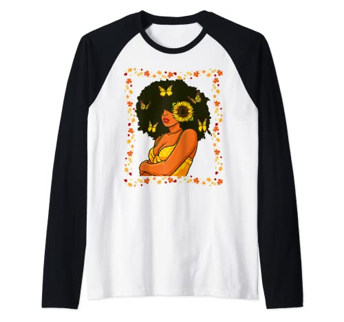 Fall Black Girl Afro Butterfly Melanin Sunflower Women Girl Raglan Baseball Tee