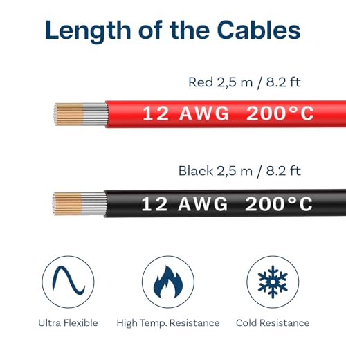 12 AWG Silicone Wire by MMOBIEL – 12 Gauge Tinned Copper Cable, 2 x 8.2ft (2.5m) 1 Red & 1 Black, Flexible High Temp Battery Wire for Automotive, Marine, RV, Solar, Inverter, LED, DIY, HVAC
