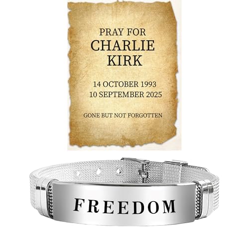 Charlie Kirk Bracelet Gift Card Memorial Stainless Steel Buckle Freedom Justice Hero Merch Turning Point Patriot Pray USA Adjustable Bracelets for Women Man Jewelry (Freedom Bling Silver)
