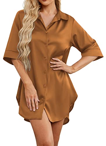 Hocosit Women's Satin Nightgown Short Sleeve Button Down Pajama Dress Lightweight Boyfriend Nightshirt S-Xxl Brown Small #TOP17