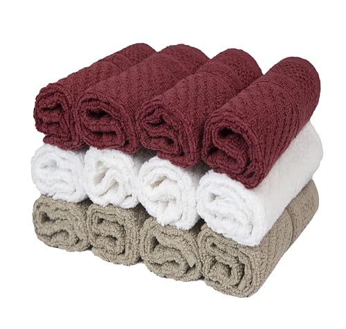 Image of PH Pleasant Home Diagonal Wash Cloths Set - 12 Pack (12 inch x 12 inch) - 509 GSM - 100% Ring Spun Cotton Wash Cloth - Super Soft and Highly Absorbent Face Towels (Maroon, White & Tan)