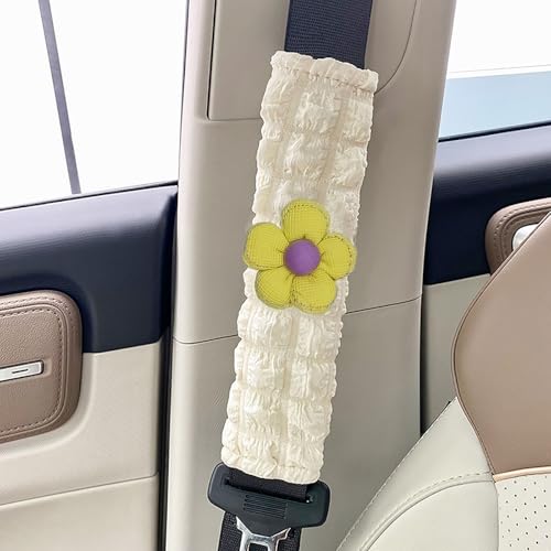 Image of Car Seat Belt Cover Pad, 2 Pack Flower Car Accessorie Seatbelt Covers Cushion Neck Shoulder Strap Protector Universal Seat Belt Cover for Adults and Kids (Purple and Yellow)