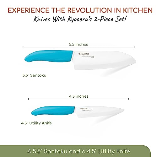 Kyocera Revolution 2-Piece Ceramic Knife Set: Chef Knife For Your Cooking Needs, 5.5" Santoku And 4.5" Utility Knife, White Blades With Blue Handles, White/Blue #TOP1