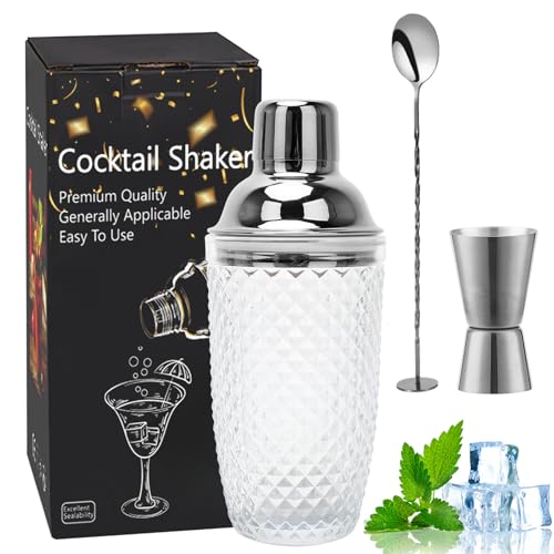 Gohytal Cocktail Shaker, 385ML Shaker Glas, Glas Cocktailshaker, Klarglas Silber Cocktail Shaker Mixer Set mit Edelstahl Lecksicher Messbecher-Deckel für Zuhause Bar Fruchtsäfte Getränke