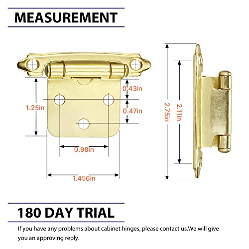 Homdiy 10 Pairs (20 Units) Gold Cabinet Hinges 1/2 Inch Overlay Cabinet Hinges, Semi-Concealed Cabinet Hinges Brushed Brass Hinges Self Closing Cabinet Hinges Face Mount Hinges #TOP3