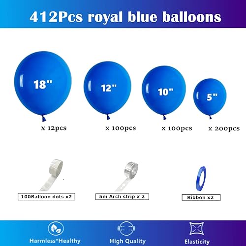 Image of 412pcs Royal Blue Balloons 18 12 10 5 Inch Blue Balloon Garland Arch Kit Different Sizes Matte Latex Balloons for Baby Shower Birthday Wedding Party Decorations