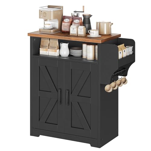 YATINEY Coffee Bar Cabinet Kitchen Island with Storage Farmhouse Sideboard Buffet Cabinet with Dual-Purpose Floating Shelf and Hooks for Restaurant Living Room Rustic Brown KF22BR