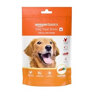 Amazon Basics Soft Chewy Carrot Flavour Treat Sticks for Dogs – Playful Treats for Training and Bonding, High Protein 140gms