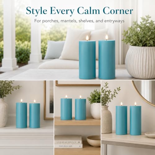 Image of Blue Flameless Pillar Candles, 8 x 3 Inch, Set of 2 | Blue Plastic Pillar Candles, Waterproof, 6 Hour Timer, Indoor Outdoor Decor