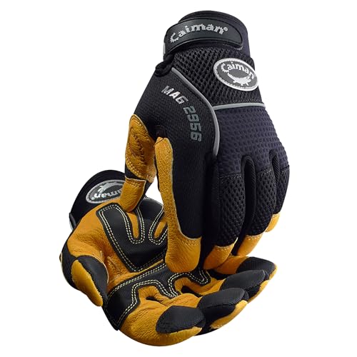 Caiman MAG, Sheep Grain Leather Multi-Activity Gloves, AirMesh Back, Padded G-Grip Patches, Kontour Design, Black/Gold, Large (2956-5)