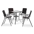 MCombo Patio Dining Set 5 Pieces, Black Outdoor Dining Table and Folding Chairs, Metal Frame Patio Wicker Furniture Set with Square Glass Table Top, for Lawn, Deck, Garden