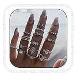 IYOU Vintage Gemstone Ring Sets Silver Crystal Knuckle Stacking Rings Boho Flower Moon Mid Rings Jewelry for Women(15pcs)