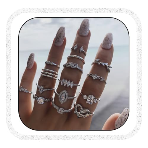 IYOU Vintage Gemstone Ring Sets Silver Crystal Knuckle Stacking Rings Boho Flower Moon Mid Rings Jewelry for Women and Girls(15pcs)