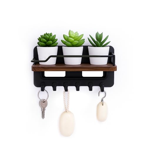 Wall-Mounted Key Holder with Shelf – 6 Hook Rustic Wood