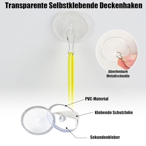 30 Stück Klebehaken Decke mit Fahnenmast-Clips, Transparente Selbstklebende Deckenhaken, Festival Deko Deckenhaken Selbstklebend, Ohne Bohren für Schlafzimmer Badezimmer Küche Wand Weihnachten Deko